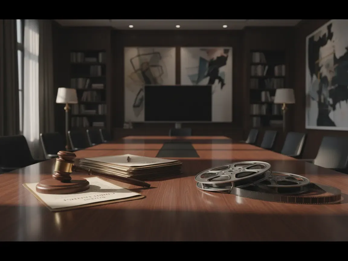 Gavel, legal contracts, and vintage film reels on a polished boardroom table under cinematic lighting.