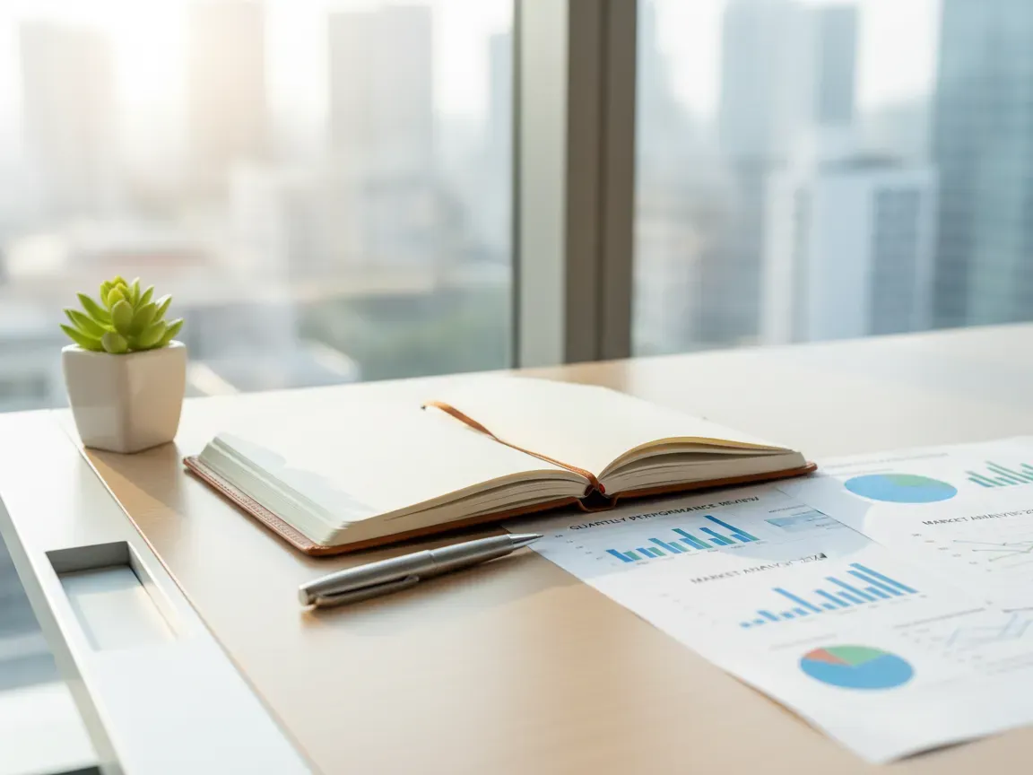Modern executive desk with an open leather notebook, metallic pen, potted plant, and corporate charts in morning light.